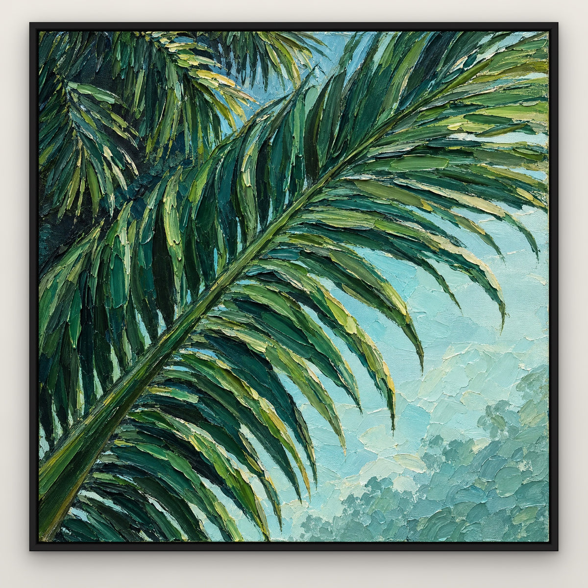 Emerald Palm Relief, teal botanical hand-painted canvas wall art in a slim black float frame – Gallery 23