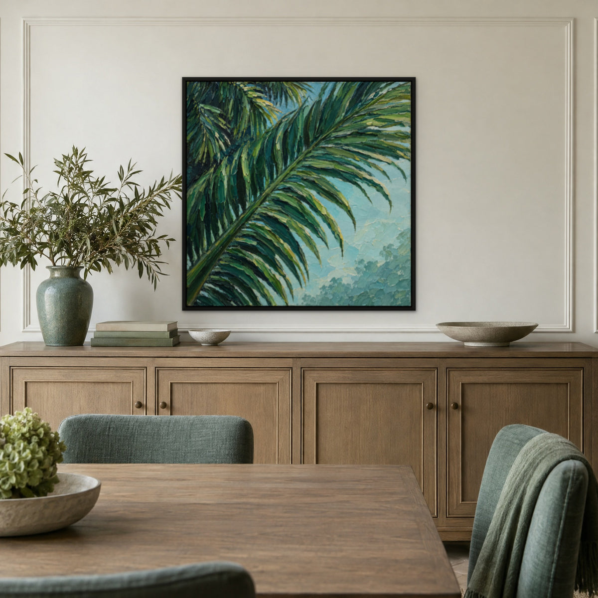 Emerald Palm Relief, teal botanical hand-painted canvas wall art in a dining room – Gallery 23