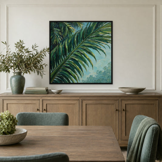 Emerald Palm Relief, teal botanical hand-painted canvas wall art in a dining room – Gallery 23
