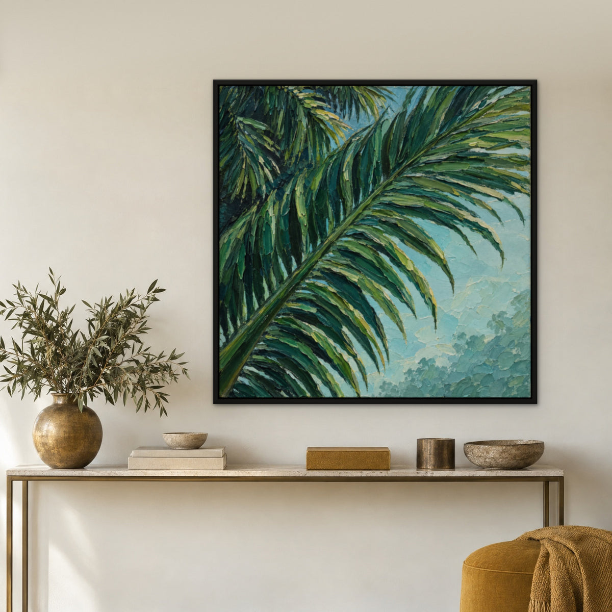 Emerald Palm Relief, teal botanical hand-painted canvas wall art in a hallway – Gallery 23