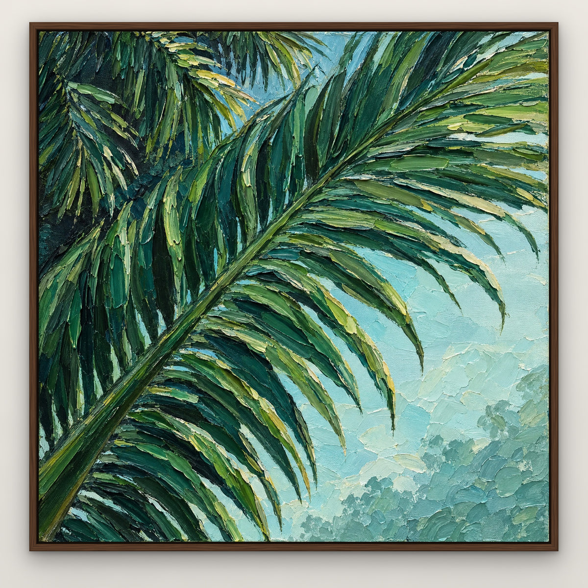 Emerald Palm Relief, teal botanical hand-painted canvas wall art in a slim walnut float frame – Gallery 23
