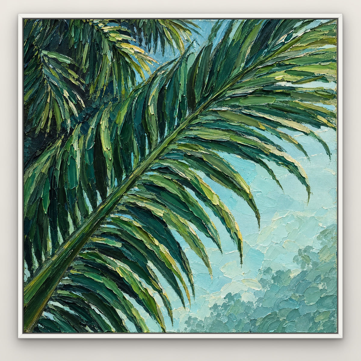 Emerald Palm Relief, teal botanical hand-painted canvas wall art in a slim white float frame – Gallery 23
