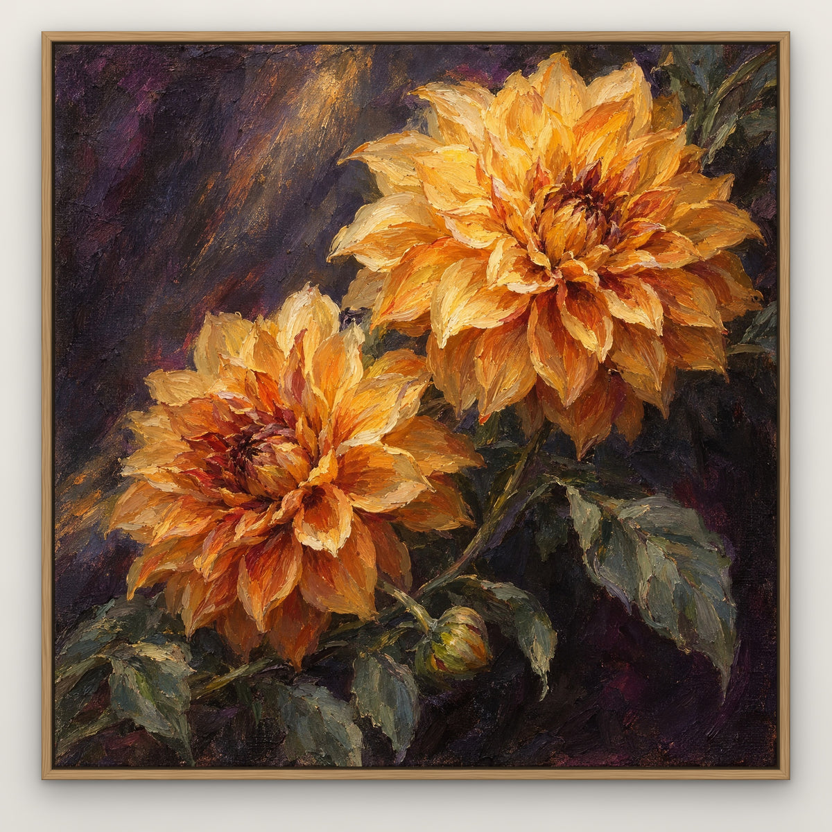Golden Dahlia Night, orange floral hand-painted canvas wall art in a slim oak float frame – Gallery 23
