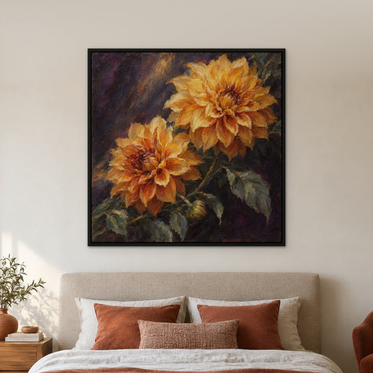 Golden Dahlia Night, orange floral hand-painted canvas wall art in a bedroom – Gallery 23