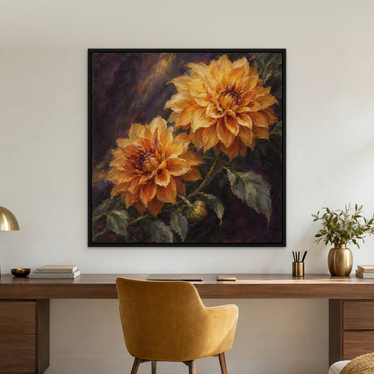 Golden Dahlia Night, orange floral hand-painted canvas wall art in a home office – Gallery 23