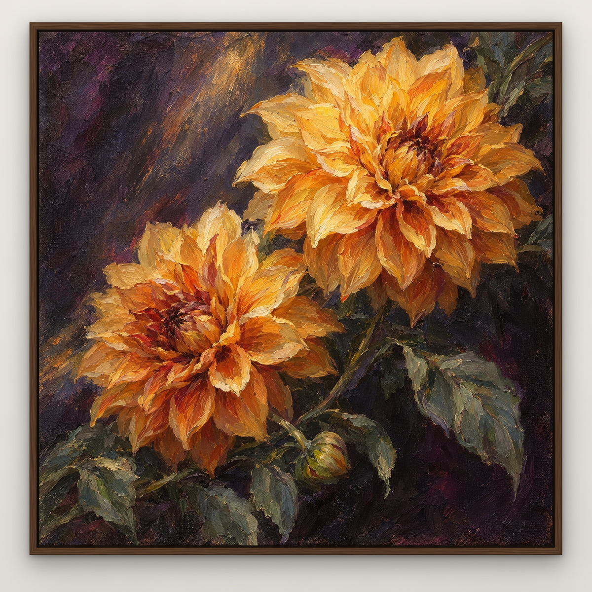 Golden Dahlia Night, orange floral hand-painted canvas wall art in a slim walnut float frame – Gallery 23