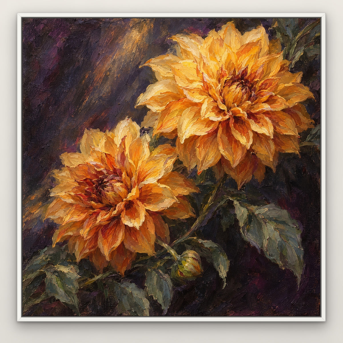 Golden Dahlia Night, orange floral hand-painted canvas wall art in a slim white float frame – Gallery 23