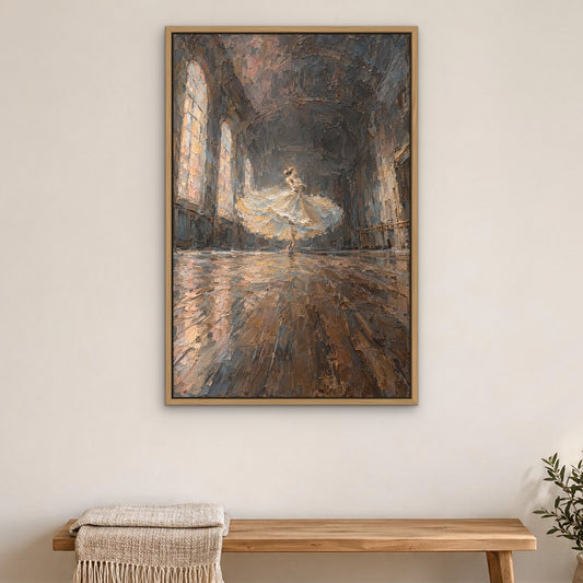 Ivory Pirouette, brown figurative hand-painted canvas wall art in a bedroom – Gallery 23
