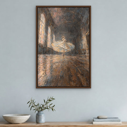 Ivory Pirouette, brown figurative hand-painted canvas wall art in a hallway – Gallery 23