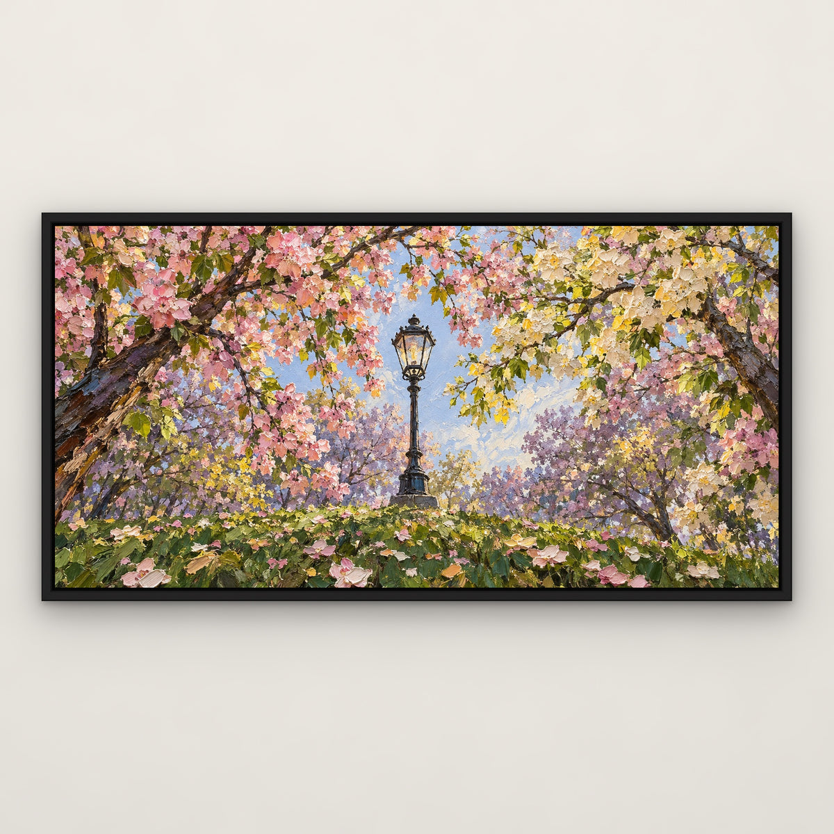 Spring Lamp Park, green landscape hand-painted canvas wall art in a slim black float frame – Gallery 23