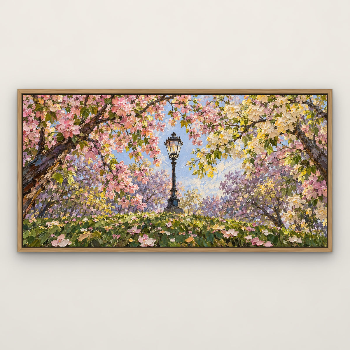 Spring Lamp Park, green landscape hand-painted canvas wall art in a slim oak float frame – Gallery 23