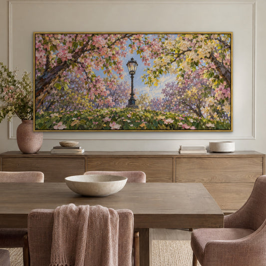 Spring Lamp Park, green landscape hand-painted canvas wall art in a dining room – Gallery 23