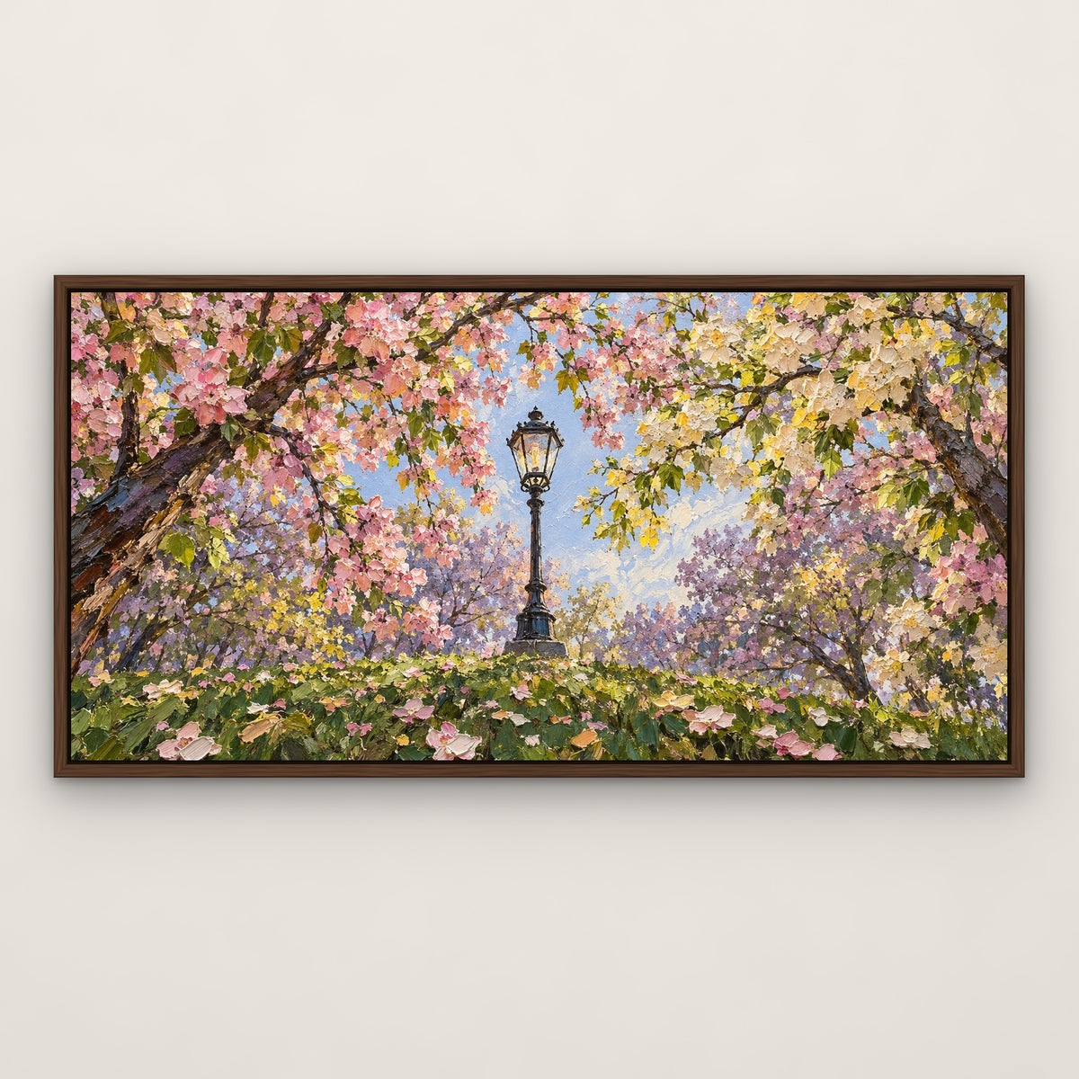 Spring Lamp Park, green landscape hand-painted canvas wall art in a slim walnut float frame – Gallery 23