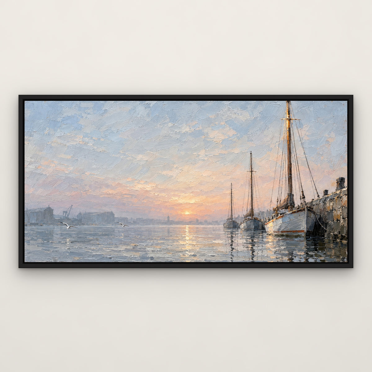 Harbour Masts, blue seascape hand-painted canvas wall art in a slim black float frame – Gallery 23
