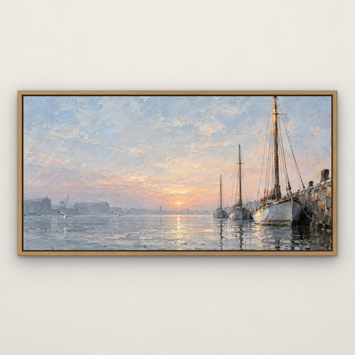 Harbour Masts, blue seascape hand-painted canvas wall art in a slim oak float frame – Gallery 23