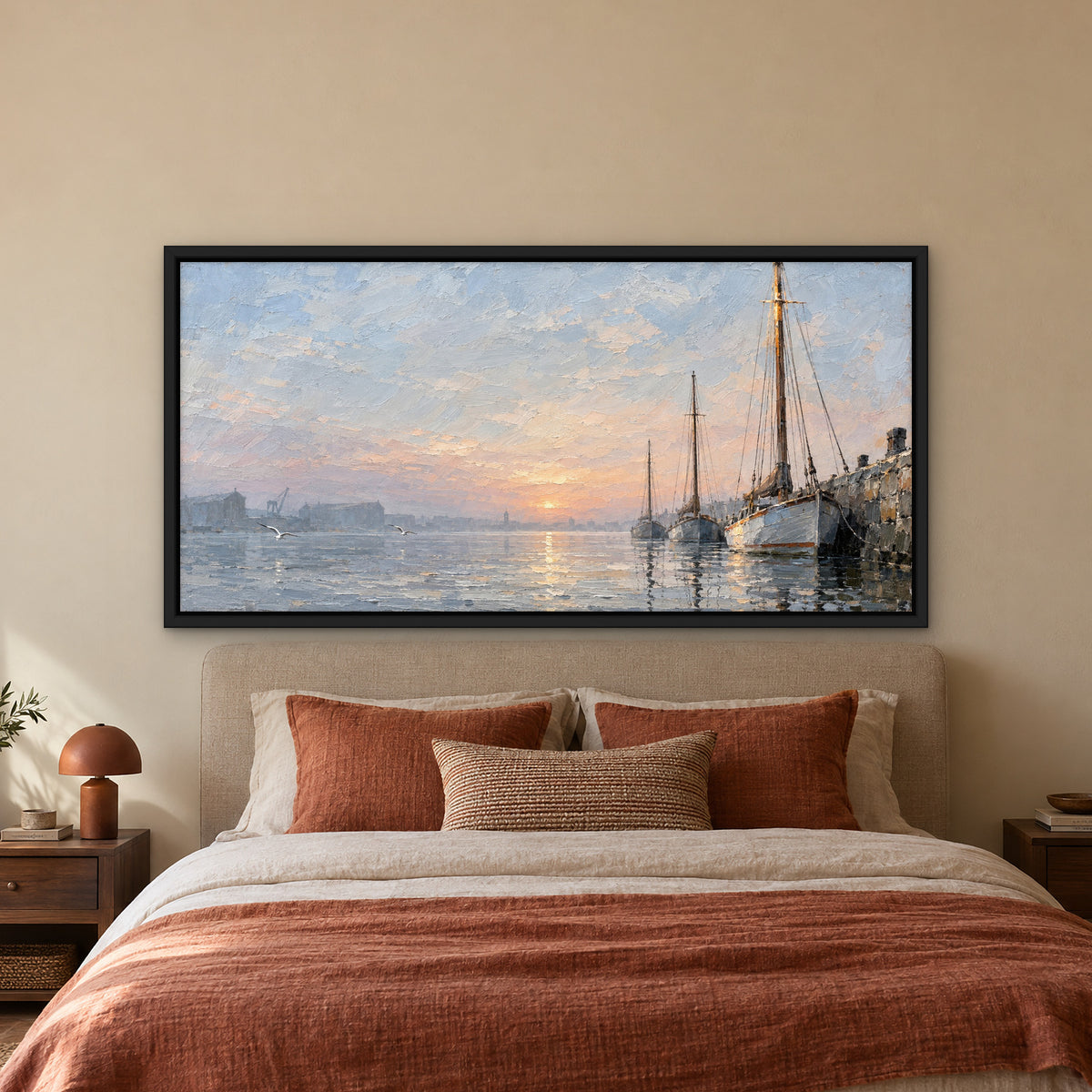 Harbour Masts, blue seascape hand-painted canvas wall art in a bedroom – Gallery 23