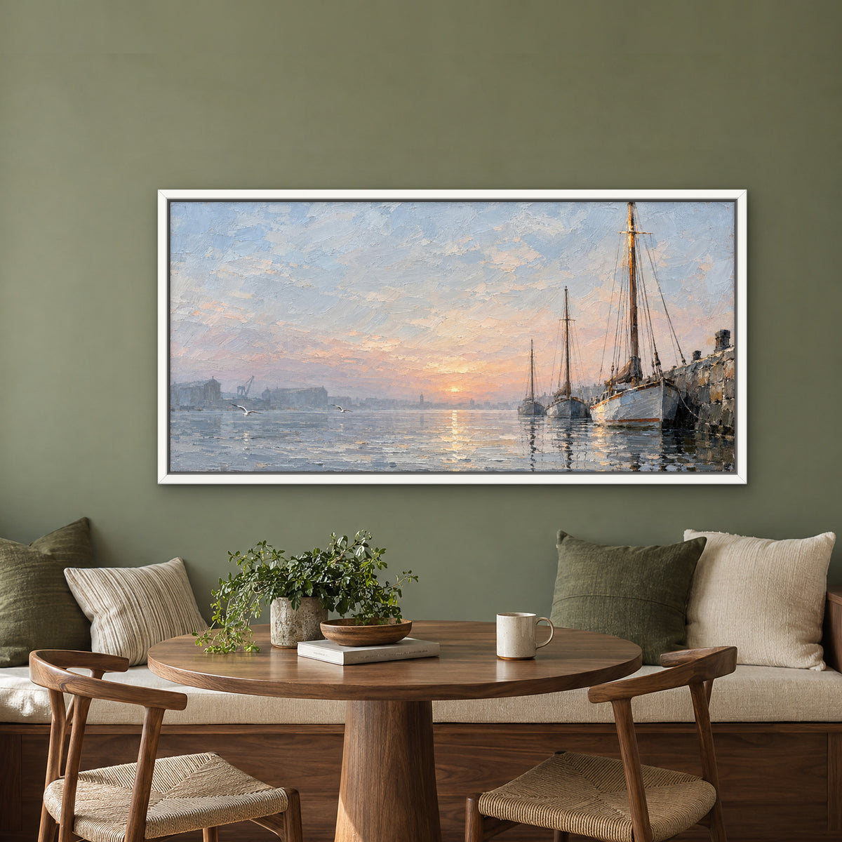 Harbour Masts, blue seascape hand-painted canvas wall art in a kitchen nook – Gallery 23