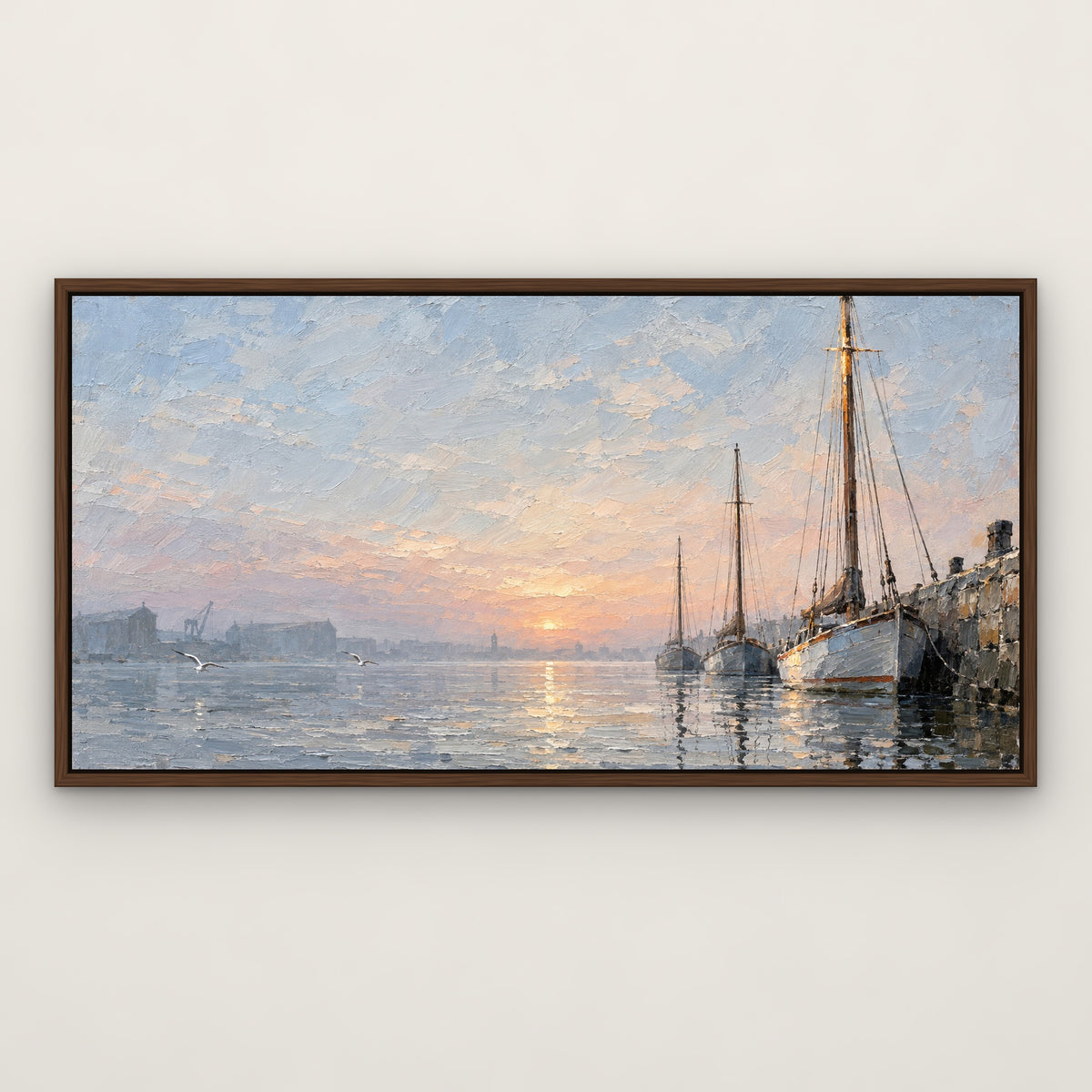 Harbour Masts, blue seascape hand-painted canvas wall art in a slim walnut float frame – Gallery 23