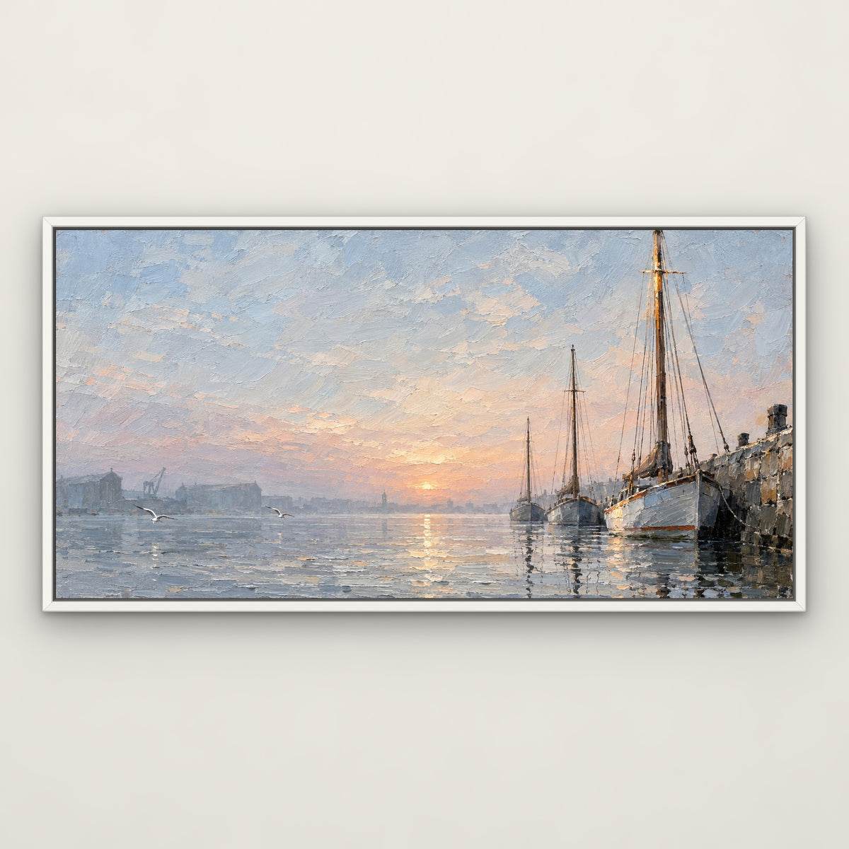 Harbour Masts, blue seascape hand-painted canvas wall art in a slim white float frame – Gallery 23