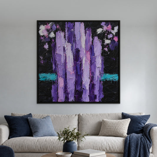 Electric Lilac Strokes, blue abstract hand-painted canvas wall art in a living room – Gallery 23