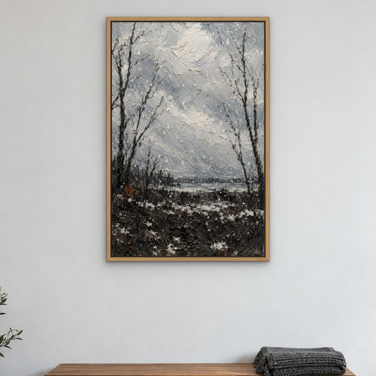 Snowfall Drip, black and white abstract hand-painted canvas wall art in a bedroom – Gallery 23