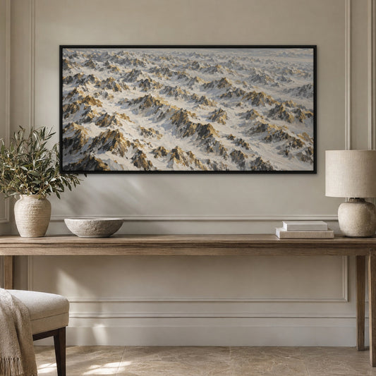 Gilded Snowpeaks, gold mountain landscape hand-painted canvas wall art in a hallway – Gallery 23