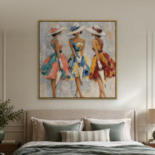 Three Ladies in Hats, colourful figurative hand-painted canvas wall art in a bedroom – Gallery 23