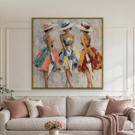 Three Ladies in Hats, colourful figurative hand-painted canvas wall art in a living room – Gallery 23