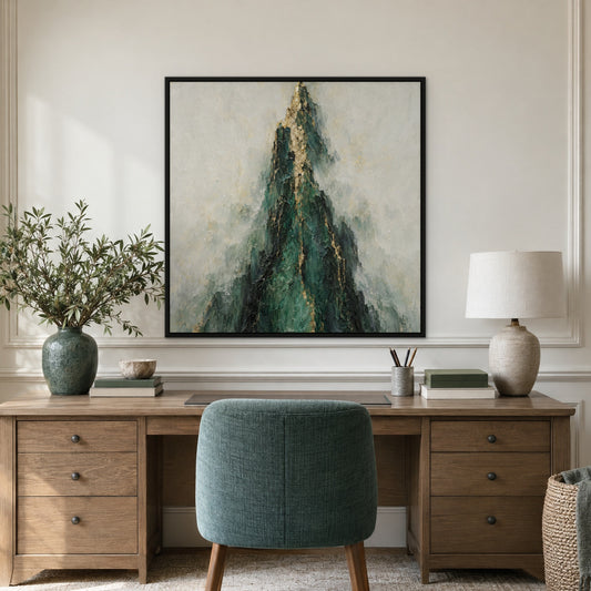 Emerald Gold Ridge, teal abstract hand-painted canvas wall art in a home office – Gallery 23