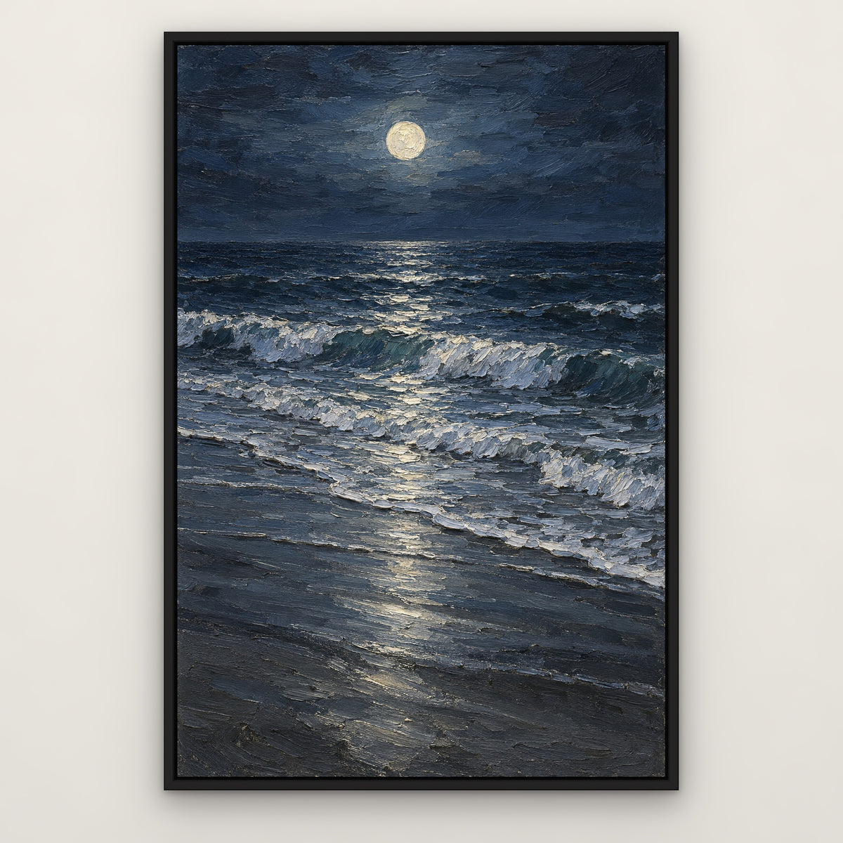 Foam on Midnight Sand, black and white abstract hand-painted canvas wall art in a slim black float frame – Gallery 23