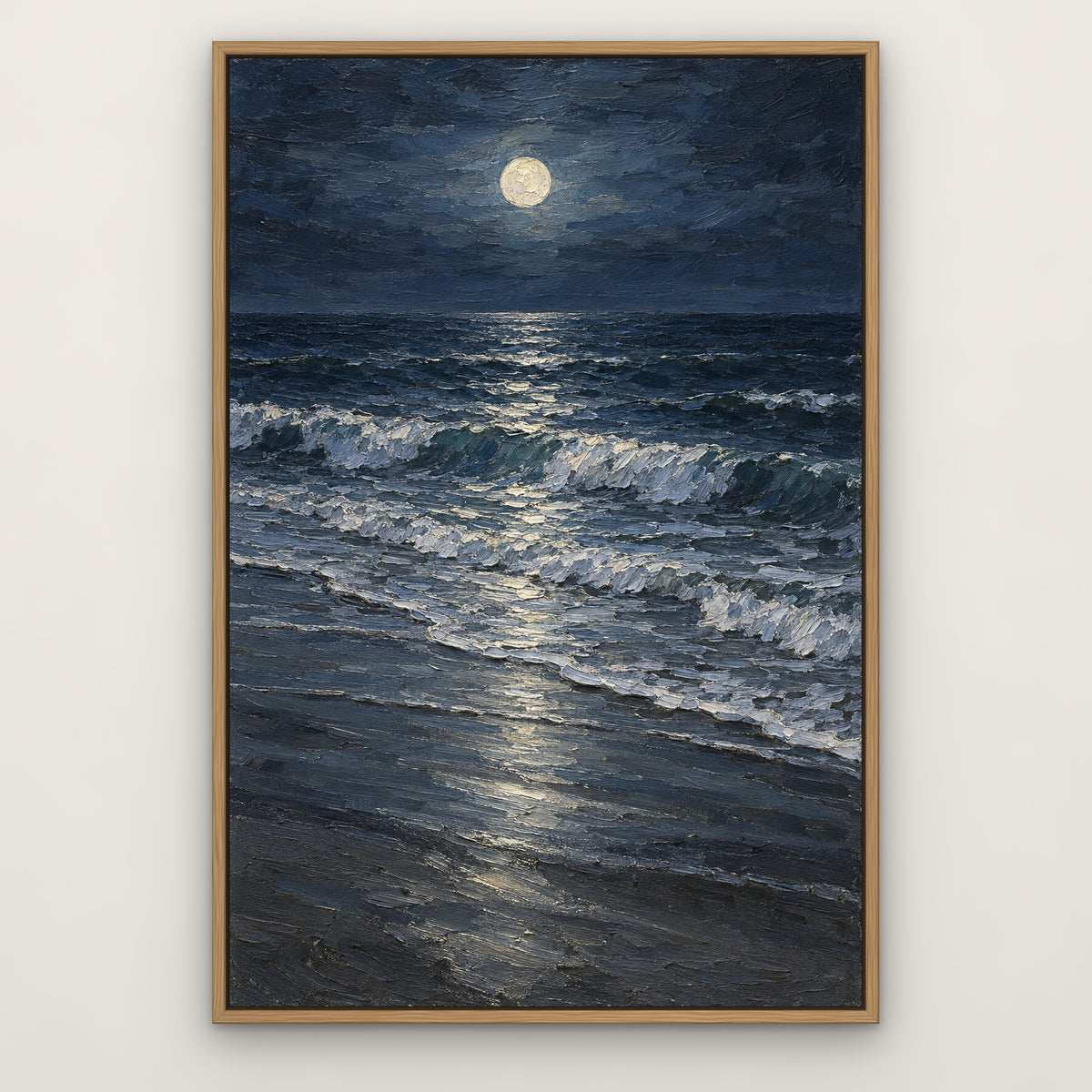 Foam on Midnight Sand, black and white abstract hand-painted canvas wall art in a slim oak float frame – Gallery 23