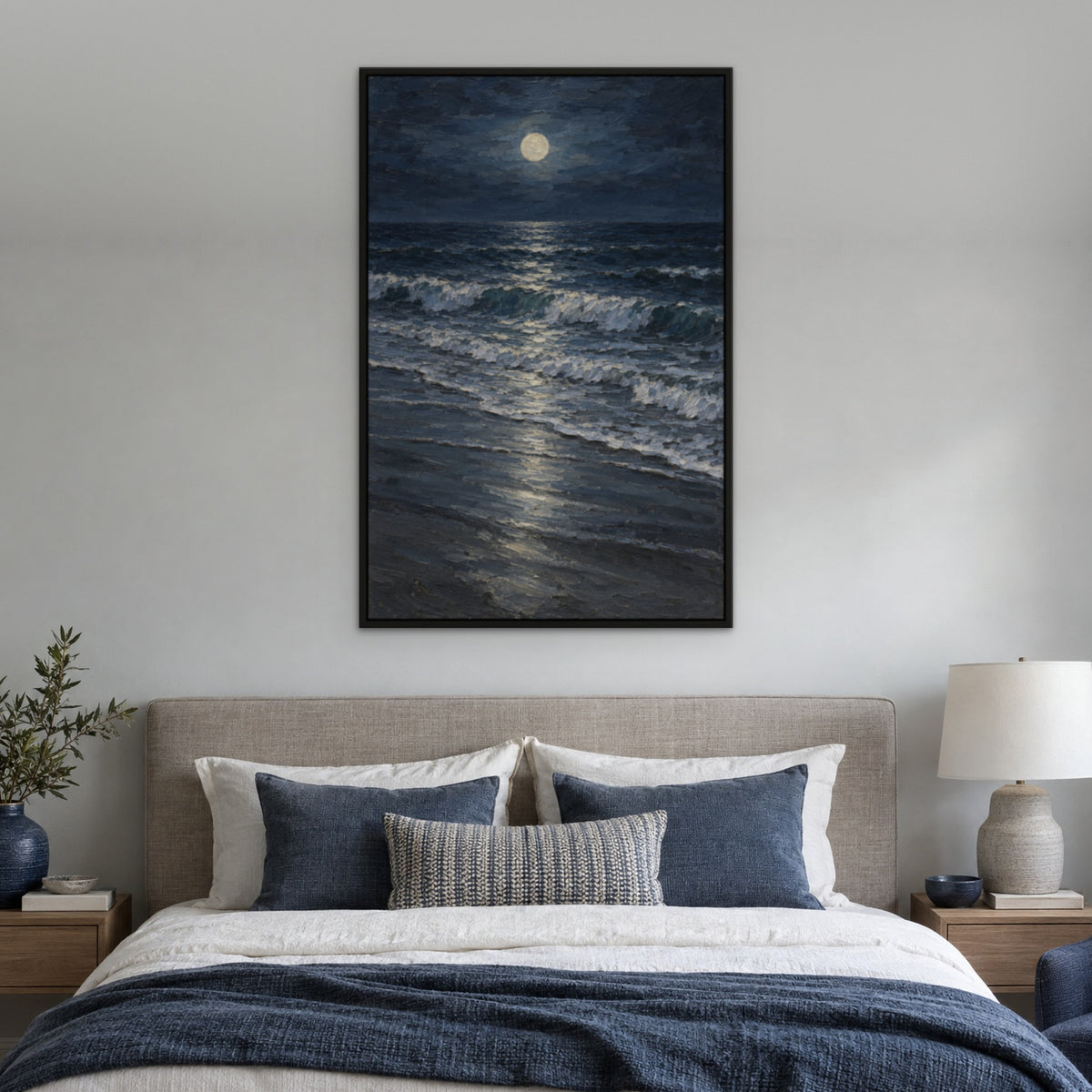 Foam on Midnight Sand, black and white abstract hand-painted canvas wall art in a bedroom – Gallery 23