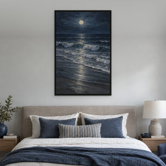 Foam on Midnight Sand, black and white abstract hand-painted canvas wall art in a bedroom – Gallery 23