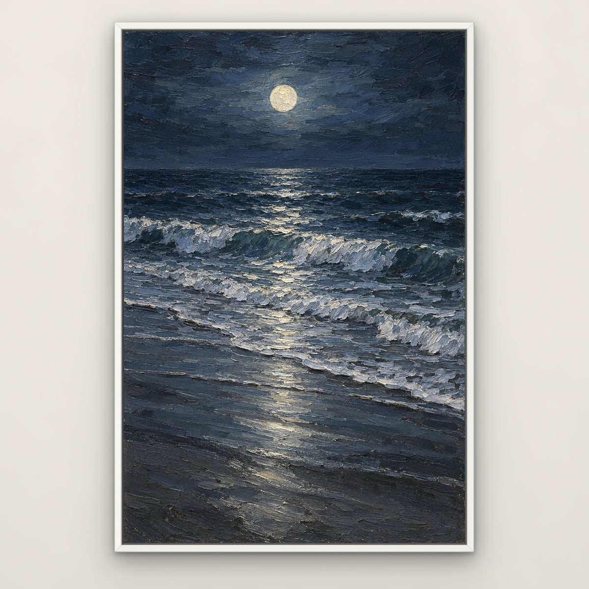 Foam on Midnight Sand, black and white abstract hand-painted canvas wall art in a slim white float frame – Gallery 23