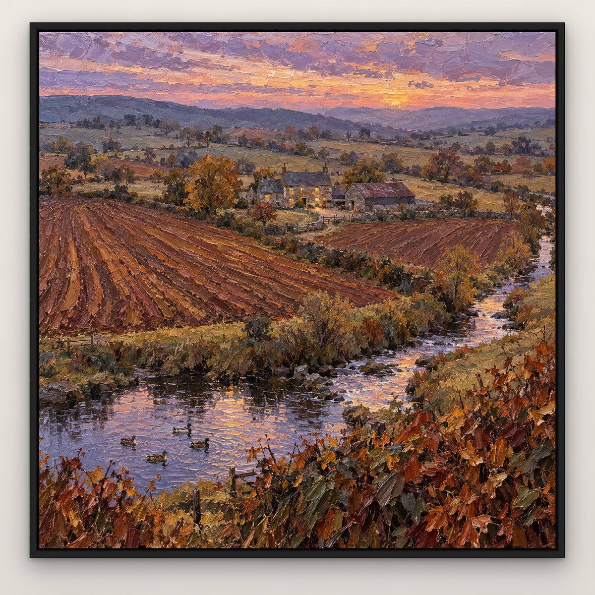 Golden Brook Farm, orange landscape hand-painted canvas wall art in a slim black float frame – Gallery 23