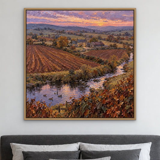 Golden Brook Farm, orange landscape hand-painted canvas wall art in a bedroom – Gallery 23