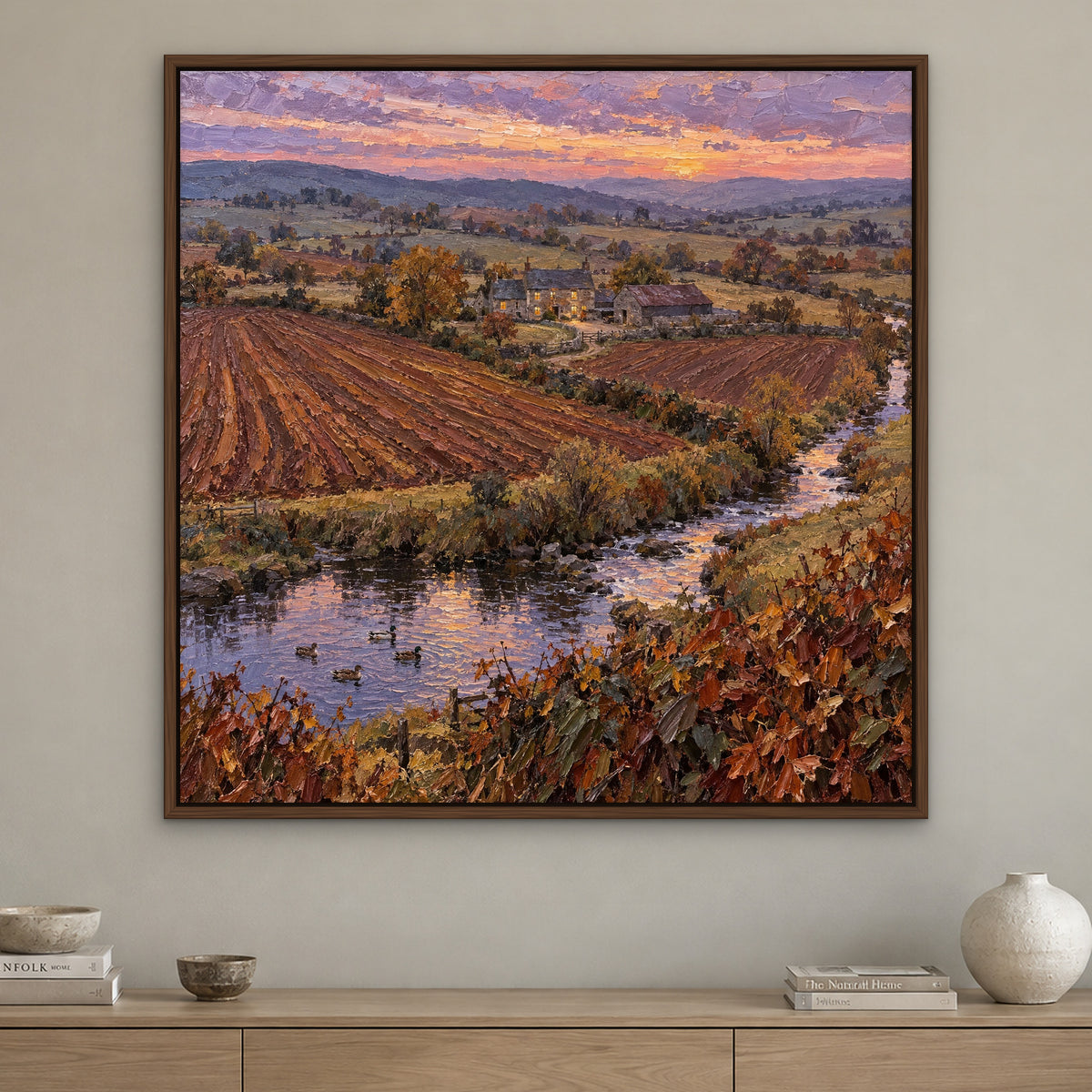 Golden Brook Farm, orange landscape hand-painted canvas wall art in a living room – Gallery 23