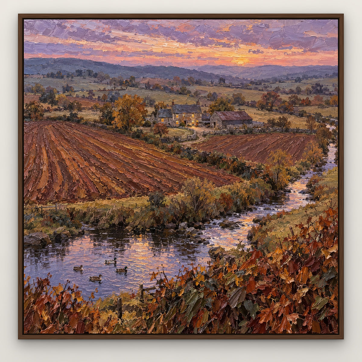 Golden Brook Farm, orange landscape hand-painted canvas wall art in a slim walnut float frame – Gallery 23