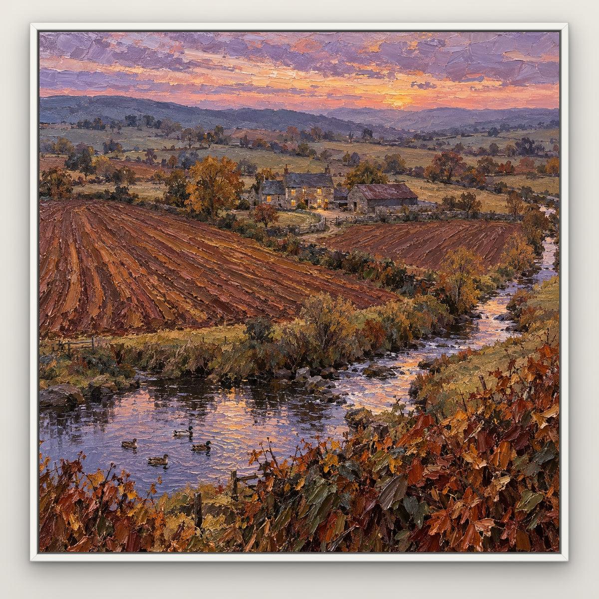 Golden Brook Farm, orange landscape hand-painted canvas wall art in a slim white float frame – Gallery 23