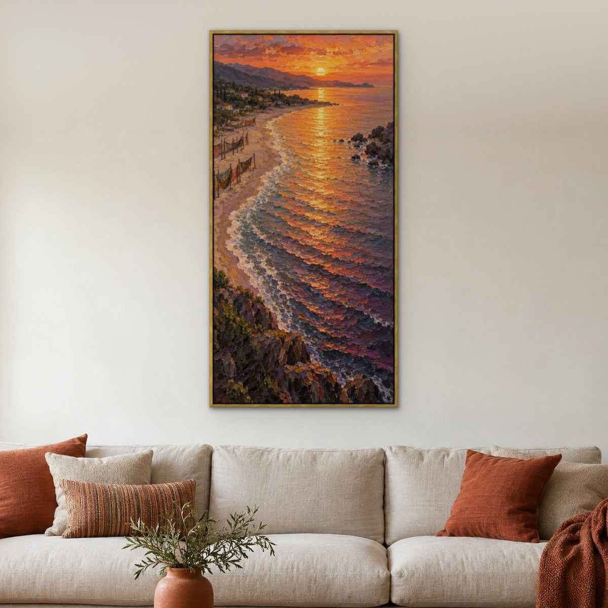 Amber Sunset Bay, orange seascape hand-painted canvas wall art in a living room – Gallery 23