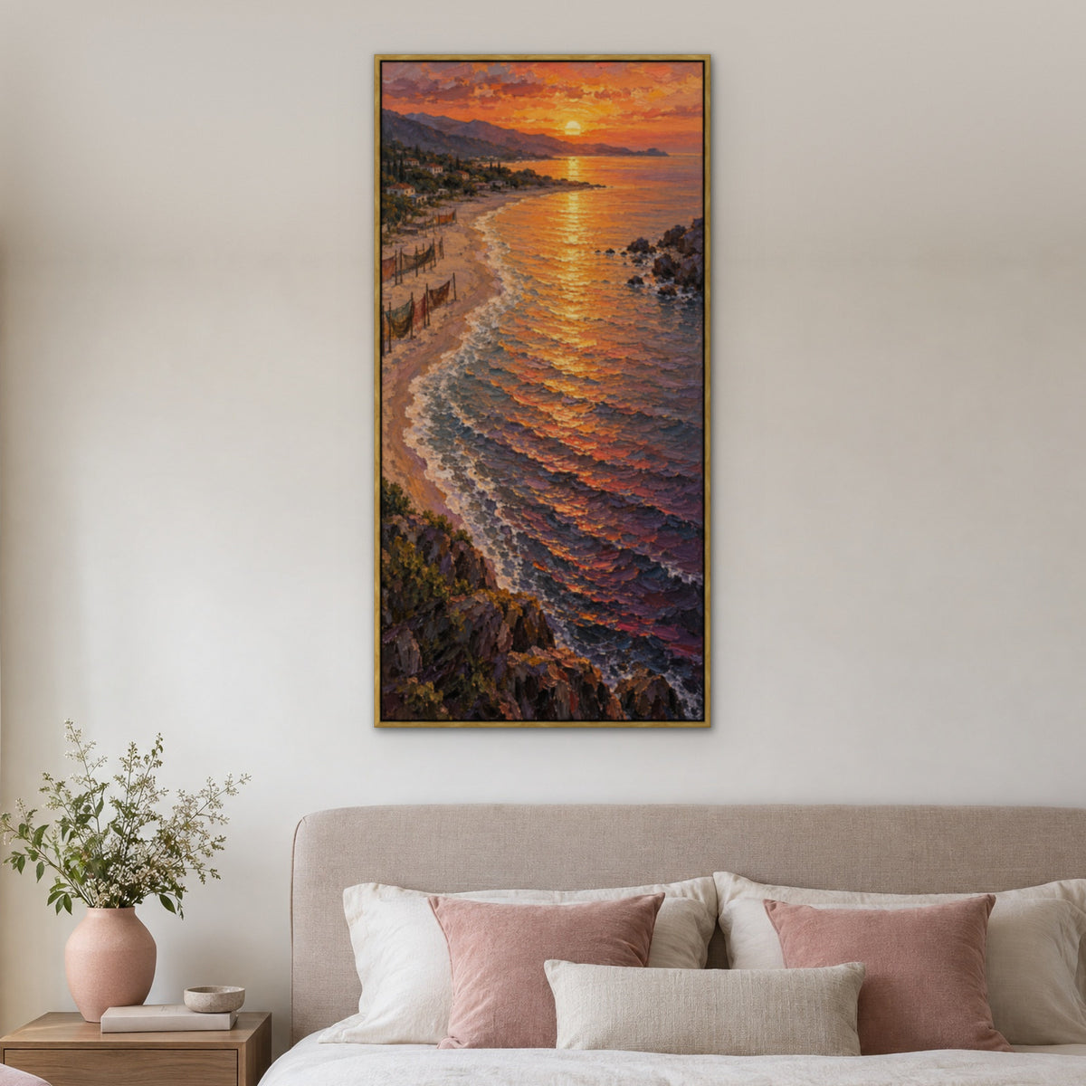 Amber Sunset Bay, orange seascape hand-painted canvas wall art in a bedroom – Gallery 23