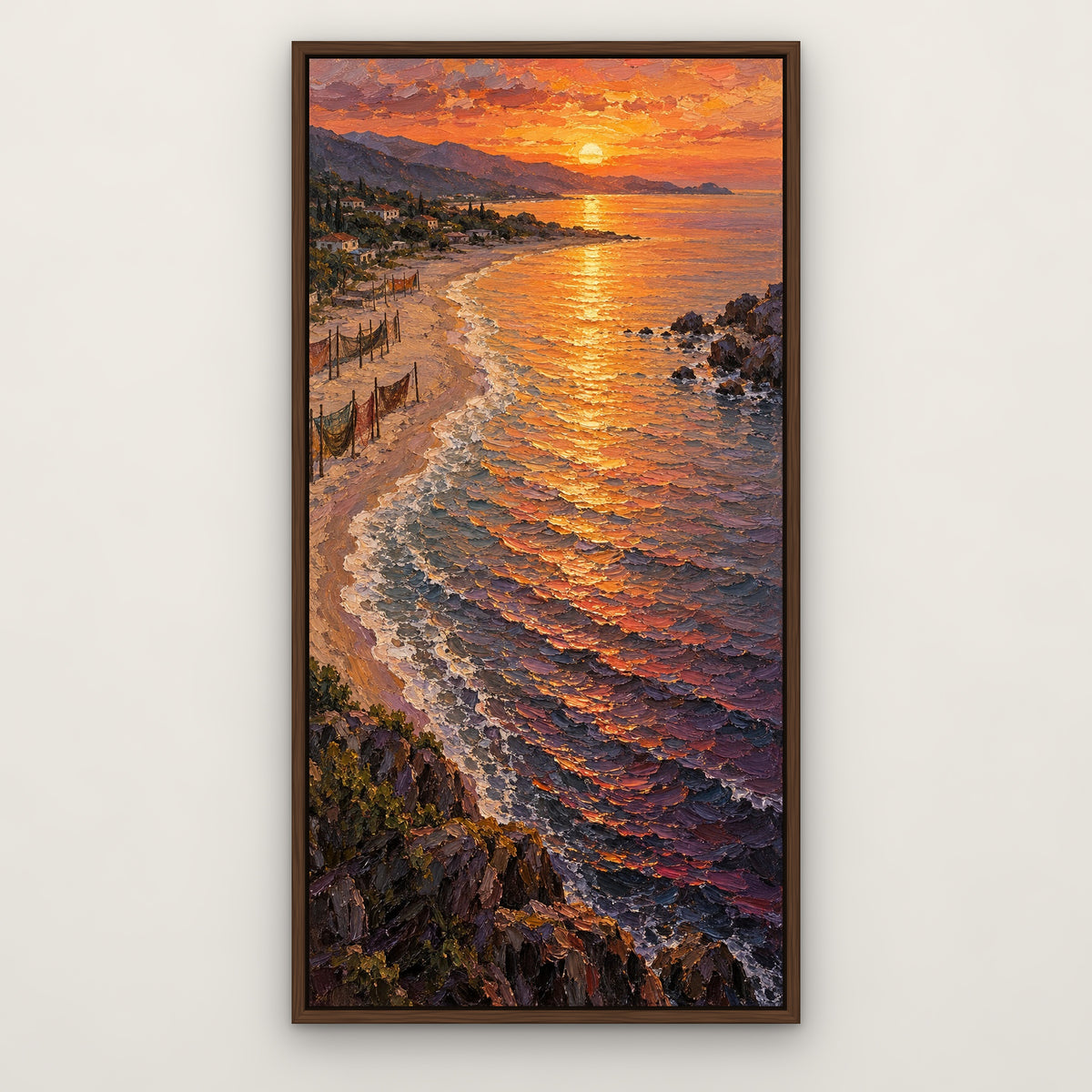 Amber Sunset Bay, orange seascape hand-painted canvas wall art in a slim walnut float frame – Gallery 23
