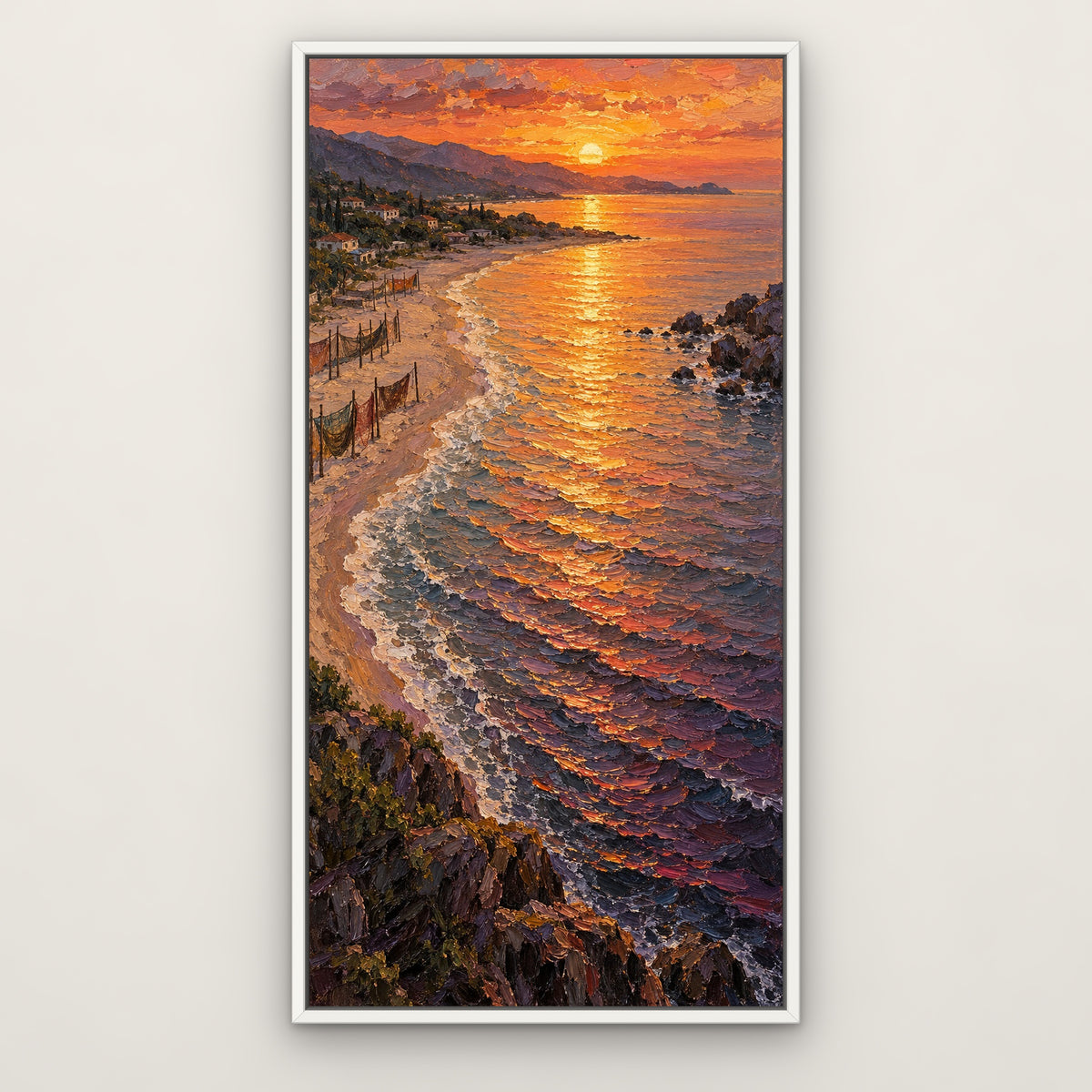 Amber Sunset Bay, orange seascape hand-painted canvas wall art in a slim white float frame – Gallery 23