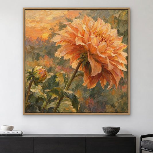 Apricot Dahlia, orange floral hand-painted canvas wall art in a living room – Gallery 23