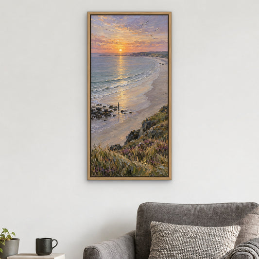 Sunrise Strand, orange seascape hand-painted canvas wall art in a reading corner – Gallery 23