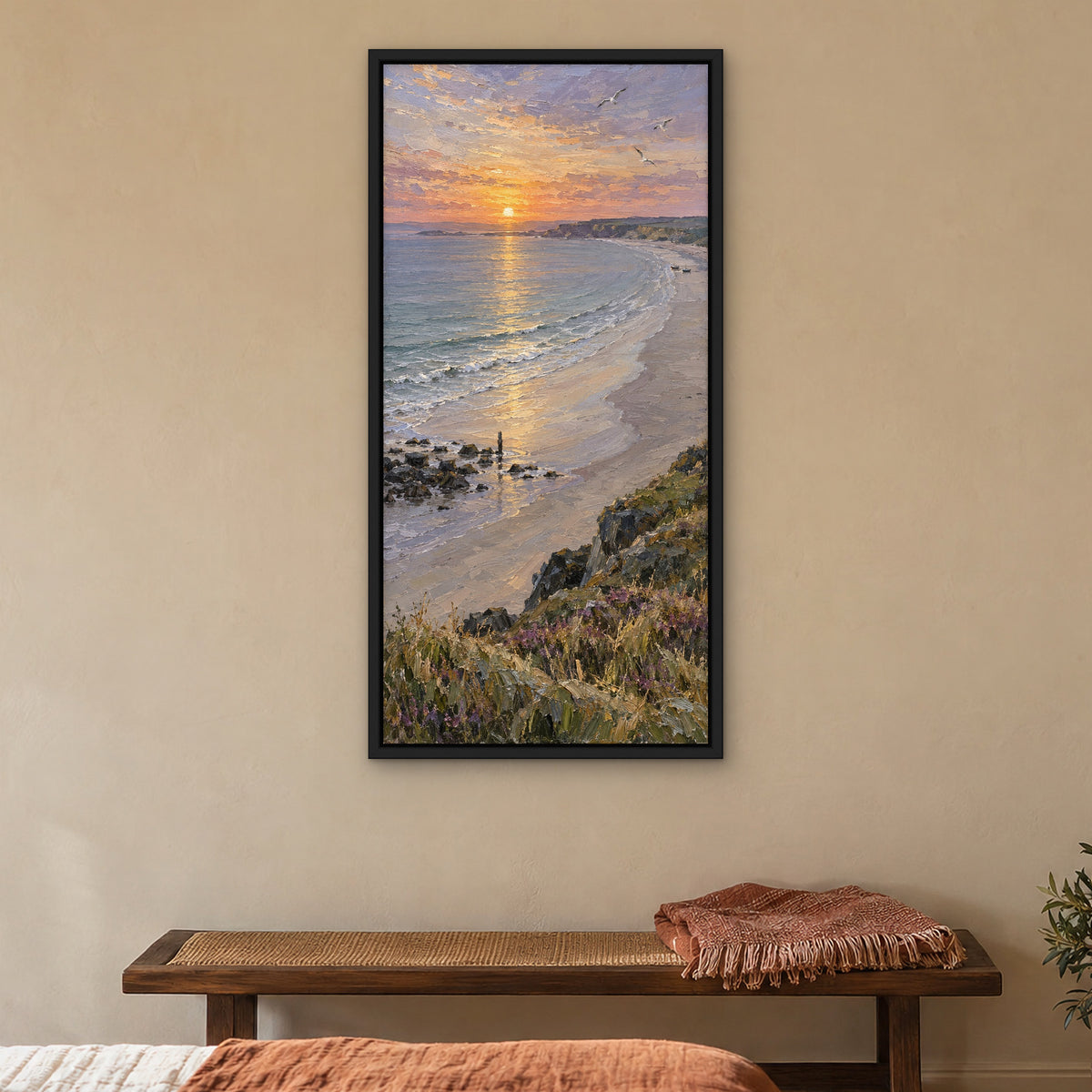 Sunrise Strand, orange seascape hand-painted canvas wall art in a bedroom – Gallery 23