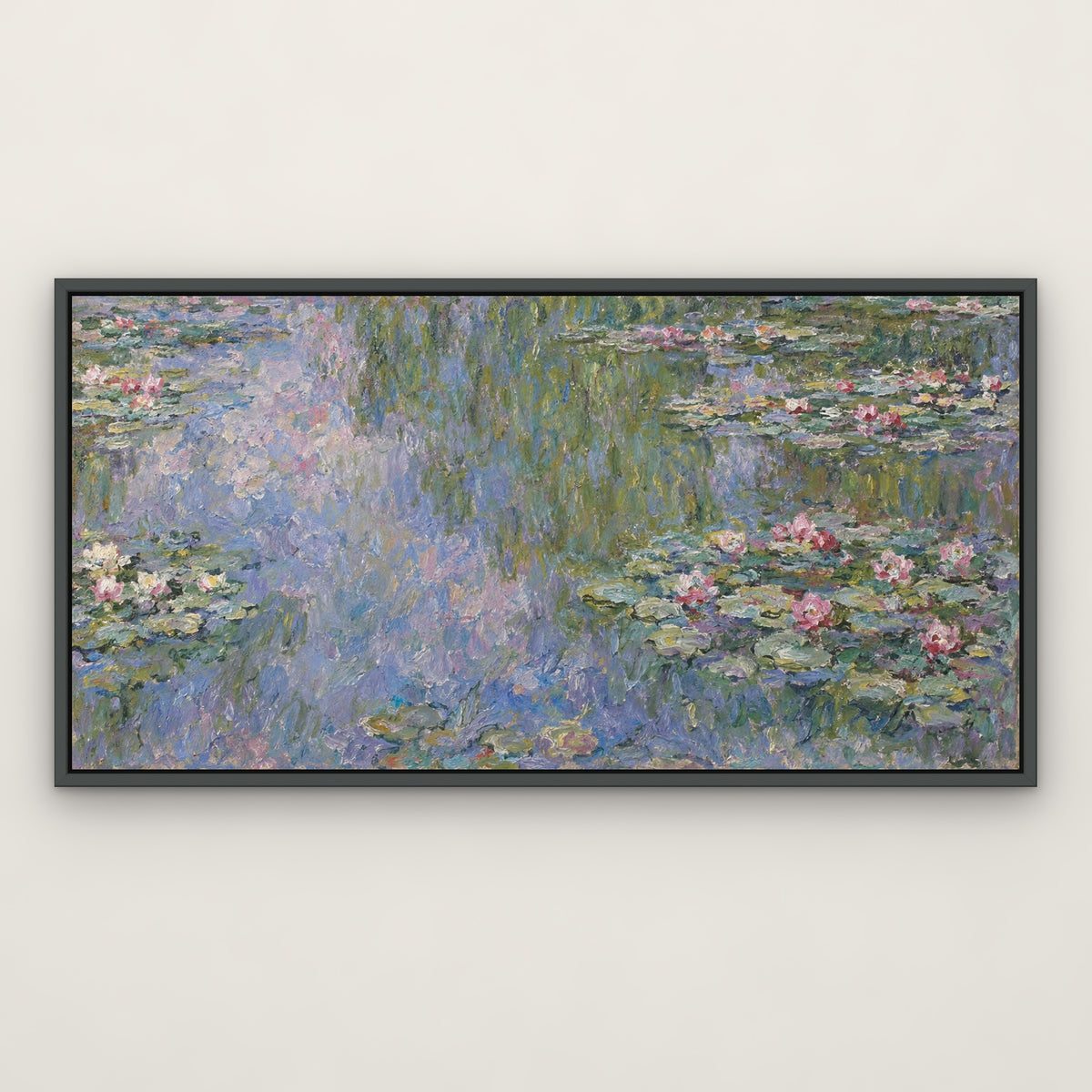 Water Lilies, after Monet, floral hand-painted canvas wall art in a slim dark grey float frame – Gallery 23