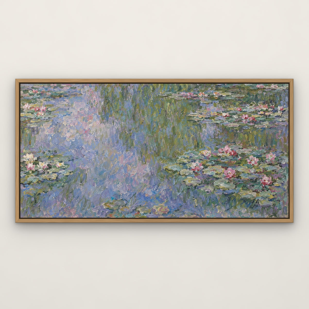 Water Lilies, after Monet, floral hand-painted canvas wall art in a slim oak float frame – Gallery 23