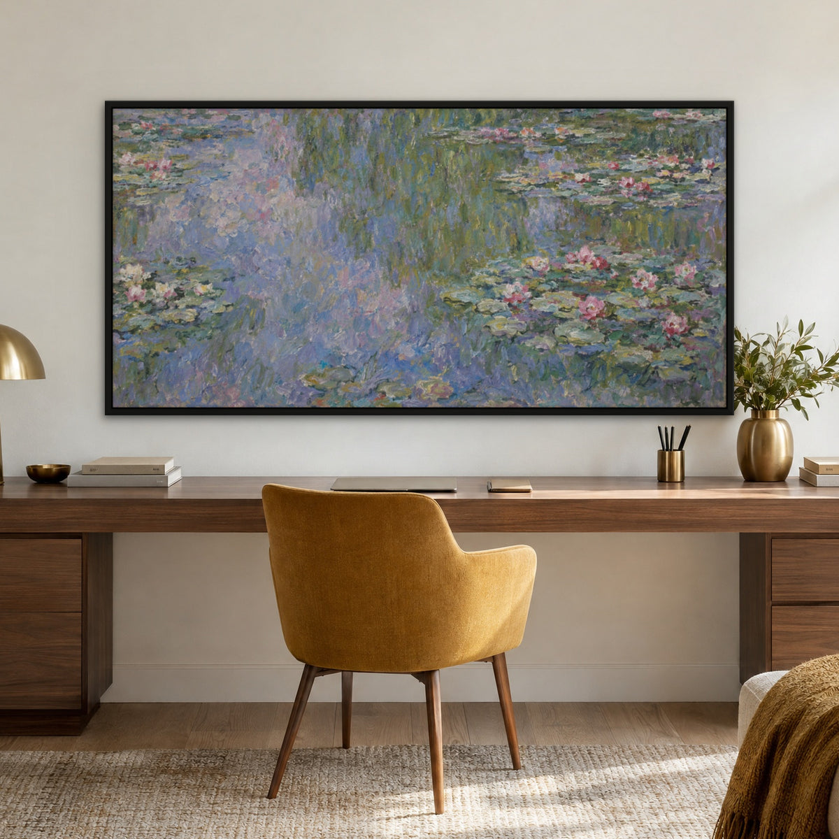 Water Lilies, after Monet, floral hand-painted canvas wall art in a home office – Gallery 23
