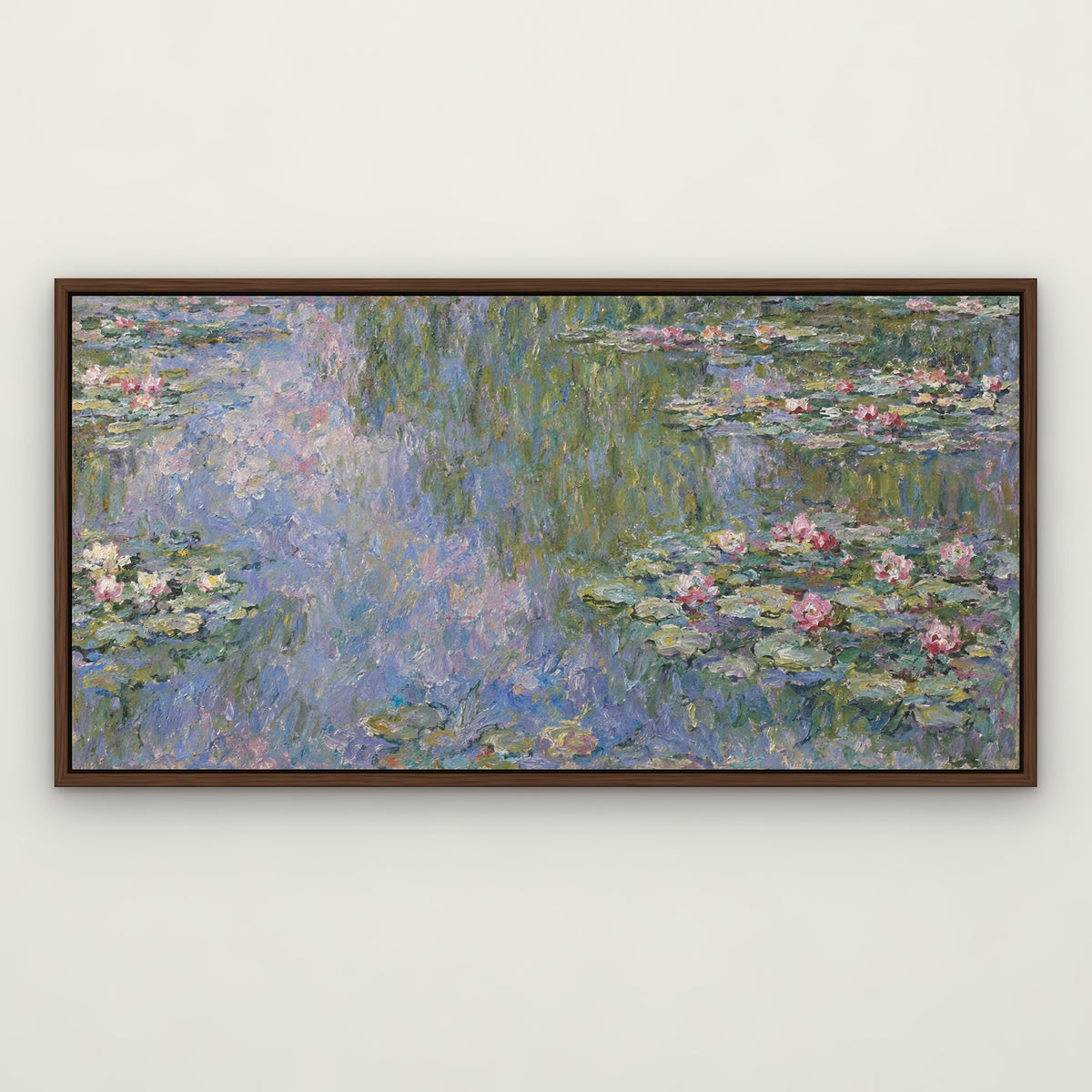 Water Lilies, after Monet, floral hand-painted canvas wall art in a slim walnut float frame – Gallery 23